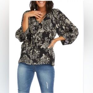 Karen Kane Black and Cream Paisley Top
